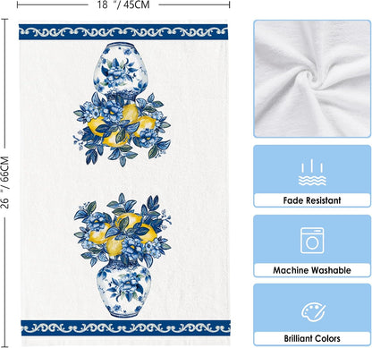 Summer Amalfi Coast Lemon Floral Kitchen Towels, Porcelain Dish Towels Set of 2, Blue and White Chinoiserie 18 x 26 Inch Hand Towel Quick Drying Dishcloth Decor for Kitchen Bathroom Home
