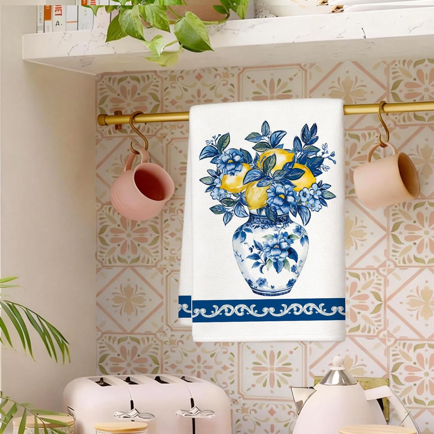 Summer Amalfi Coast Lemon Floral Kitchen Towels, Porcelain Dish Towels Set of 2, Blue and White Chinoiserie 18 x 26 Inch Hand Towel Quick Drying Dishcloth Decor for Kitchen Bathroom Home