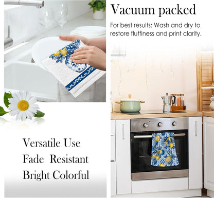Summer Amalfi Coast Lemon Floral Kitchen Towels, Porcelain Dish Towels Set of 2, Blue and White Chinoiserie 18 x 26 Inch Hand Towel Quick Drying Dishcloth Decor for Kitchen Bathroom Home