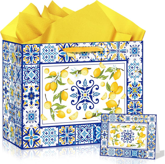 Blue Tiles Lemon Gift Bags Lemon Birthday Baby Bridal Shower Wedding Decorations Party Supplies Decor Favors with Wrapping Tissue Paper and Greeting Card Yellow Handles for Kids Boys Girls Men Women