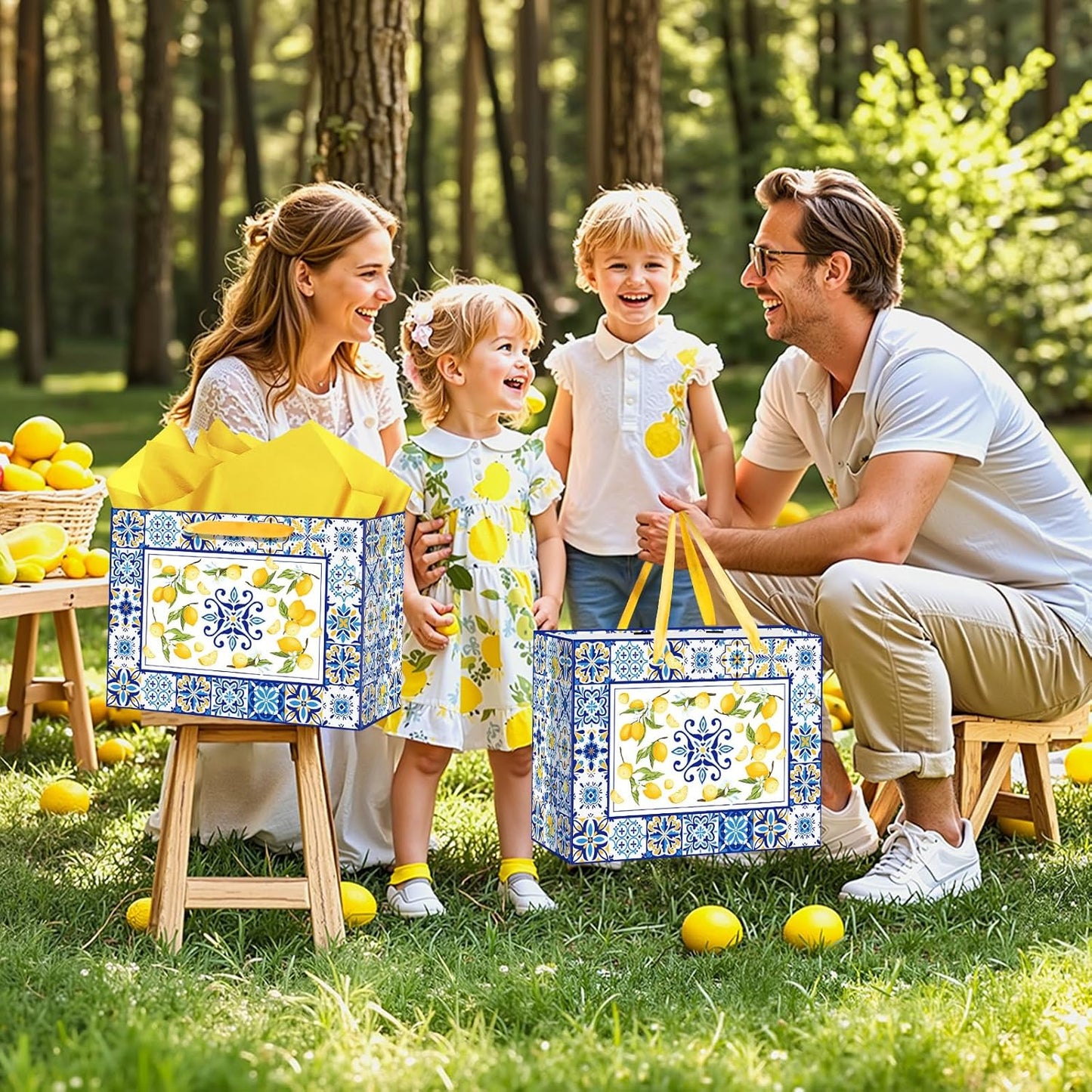 Blue Tiles Lemon Gift Bags Lemon Birthday Baby Bridal Shower Wedding Decorations Party Supplies Decor Favors with Wrapping Tissue Paper and Greeting Card Yellow Handles for Kids Boys Girls Men Women