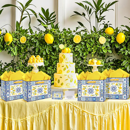 Blue Tiles Lemon Gift Bags Lemon Birthday Baby Bridal Shower Wedding Decorations Party Supplies Decor Favors with Wrapping Tissue Paper and Greeting Card Yellow Handles for Kids Boys Girls Men Women