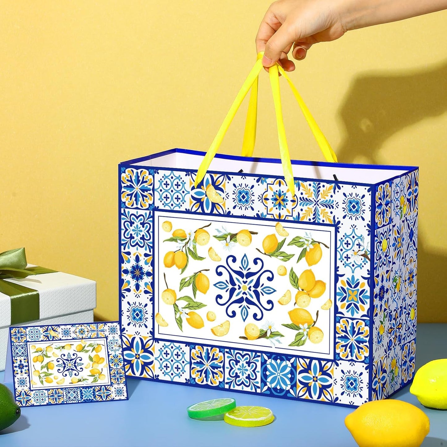 Blue Tiles Lemon Gift Bags Lemon Birthday Baby Bridal Shower Wedding Decorations Party Supplies Decor Favors with Wrapping Tissue Paper and Greeting Card Yellow Handles for Kids Boys Girls Men Women