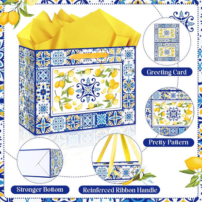 Blue Tiles Lemon Gift Bags Lemon Birthday Baby Bridal Shower Wedding Decorations Party Supplies Decor Favors with Wrapping Tissue Paper and Greeting Card Yellow Handles for Kids Boys Girls Men Women