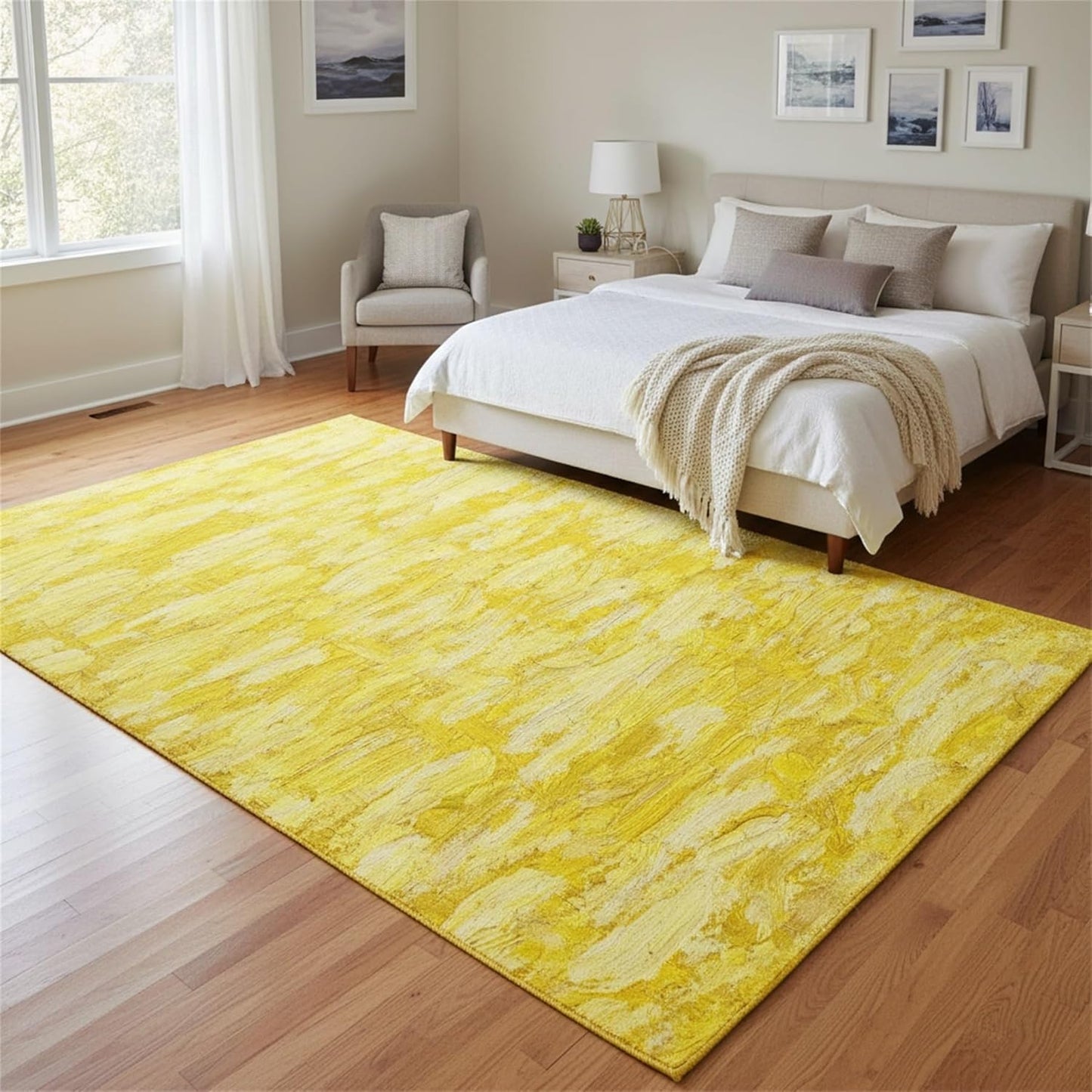 Minimalist Abstract Oil Painting Texture Livingroom Rugs 4x6 Modern Bright Yellow Art Deco Aesthetic Area Rug for Bedroom Dining Room Soft Washable Non Skid Big Carpet Thin Entryway Floor Mats