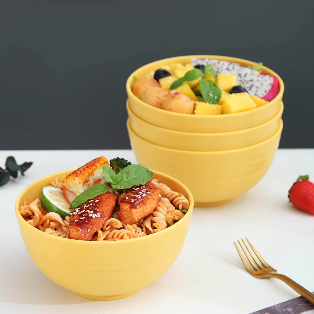 Cereal Bowls 4 Pieces, Unbreakable And Reusable Light Weight Bowl For Rice Noodle Soup Snack Salad Fruit Dishwasher Safe, Microwave Safe BPA Free (Gold Yellow)