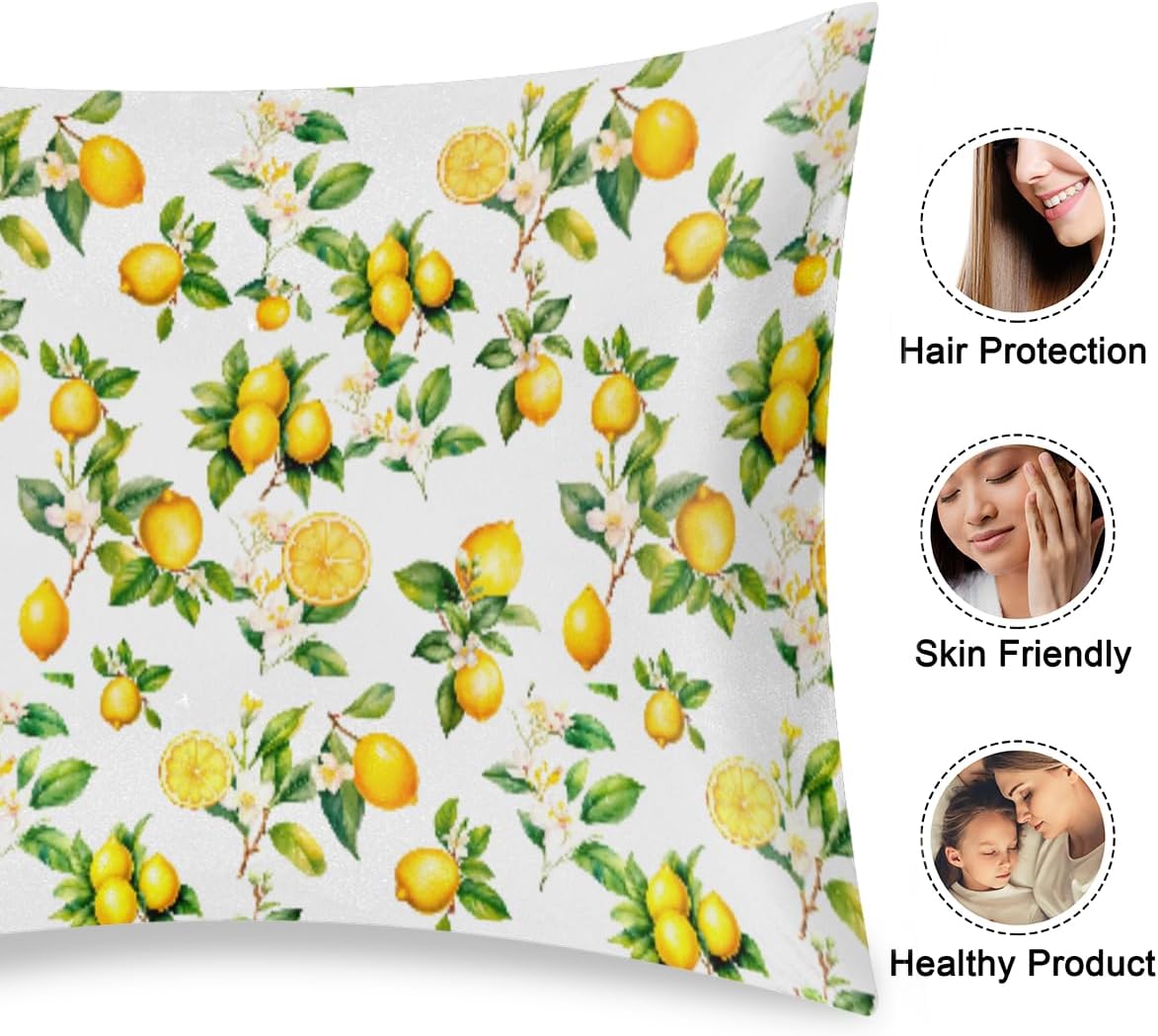 Lemon Satin Pillowcase for Hair and Skin Soft Silk Pillow Case Slip | Fruit Flower Yellow Cooling Pillow Cases with Envelope Closure King Size Pillow Cover for Women Men Kids Boys Girls 20x40