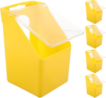 5pcs Yellow Hanging Bird Cage Feeders with Clear Lids Plastic Single Hole Pigeon Feeder Boxes for Parakeet Dove Quail Poultry Food and Water Dispenser Easy Installation and Stable