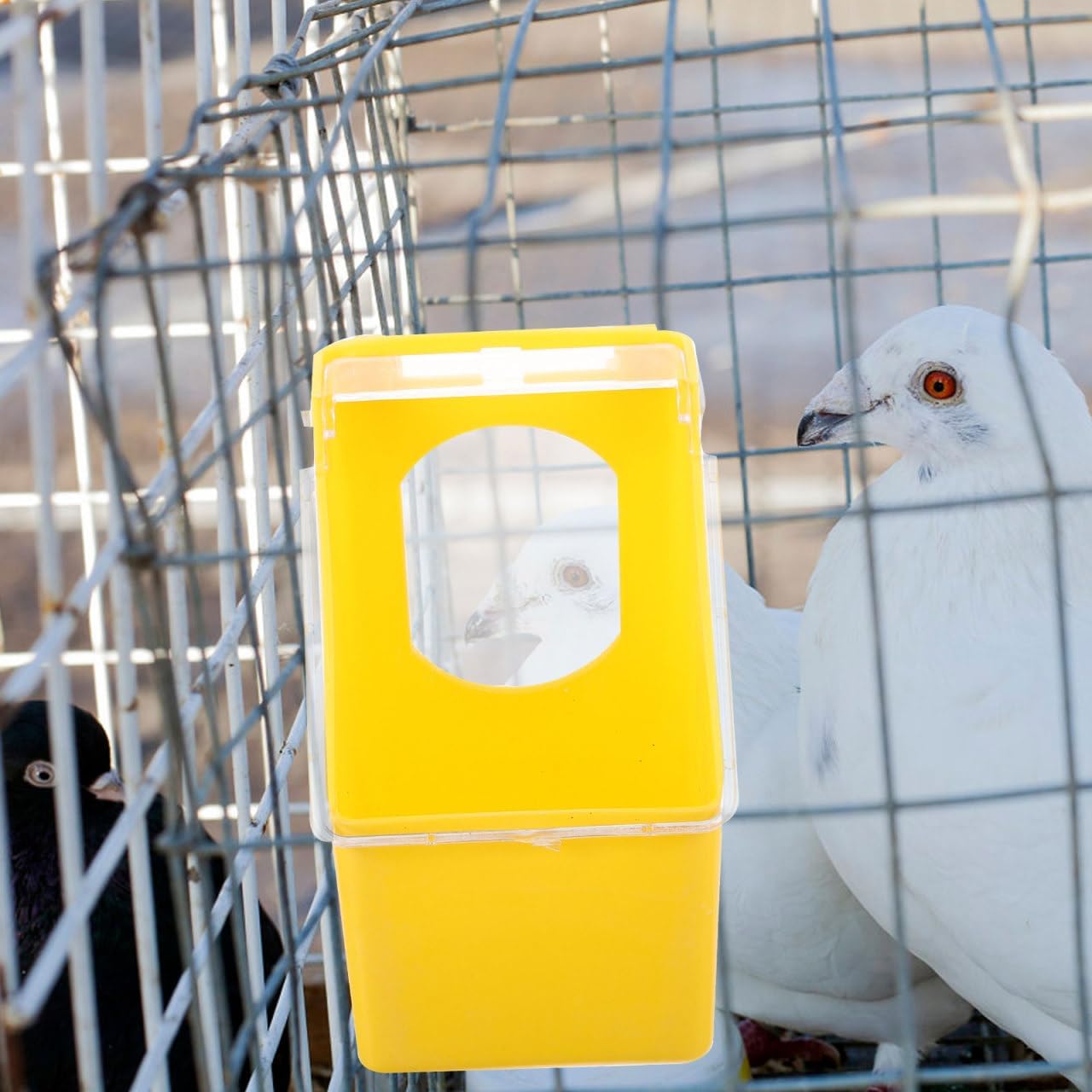 5pcs Yellow Hanging Bird Cage Feeders with Clear Lids Plastic Single Hole Pigeon Feeder Boxes for Parakeet Dove Quail Poultry Food and Water Dispenser Easy Installation and Stable