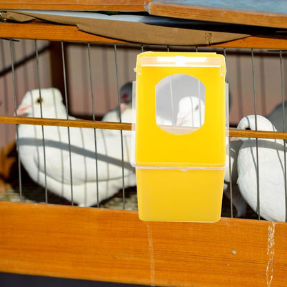 5pcs Yellow Hanging Bird Cage Feeders with Clear Lids Plastic Single Hole Pigeon Feeder Boxes for Parakeet Dove Quail Poultry Food and Water Dispenser Easy Installation and Stable