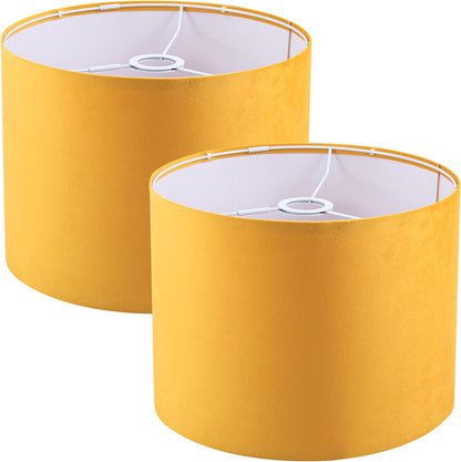 Yellow Velvet Lamp Shades Set of 2,Large Drum Fabric Lamp Shade,Cover for Table Lamp,Floor Lamp,Living Room,16 inches x 16 inches x 12 inches,With Three Converters,Need To Assemble