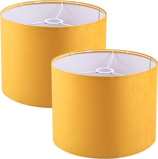 Yellow Velvet Lamp Shades Set of 2,Large Drum Fabric Lamp Shade,Cover for Table Lamp,Floor Lamp,Living Room,16 inches x 16 inches x 12 inches,With Three Converters,Need To Assemble