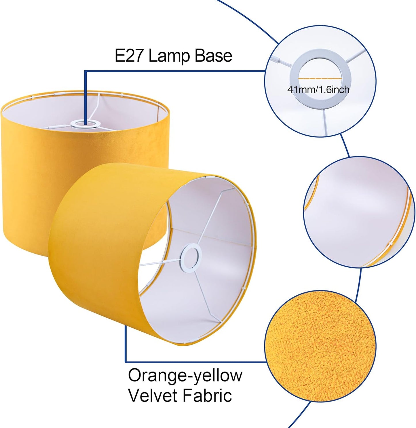 Yellow Velvet Lamp Shades Set of 2,Large Drum Fabric Lamp Shade,Cover for Table Lamp,Floor Lamp,Living Room,16 inches x 16 inches x 12 inches,With Three Converters,Need To Assemble