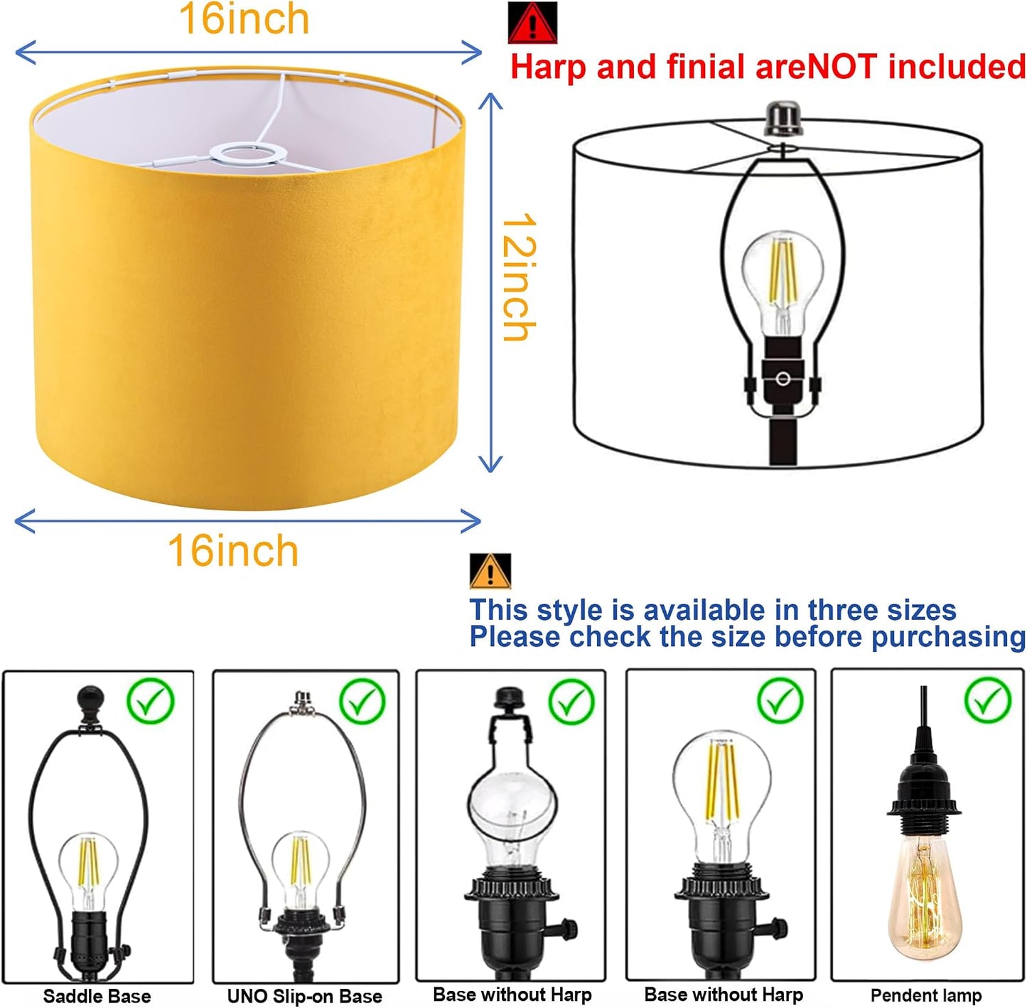 Yellow Velvet Lamp Shades Set of 2,Large Drum Fabric Lamp Shade,Cover for Table Lamp,Floor Lamp,Living Room,16 inches x 16 inches x 12 inches,With Three Converters,Need To Assemble