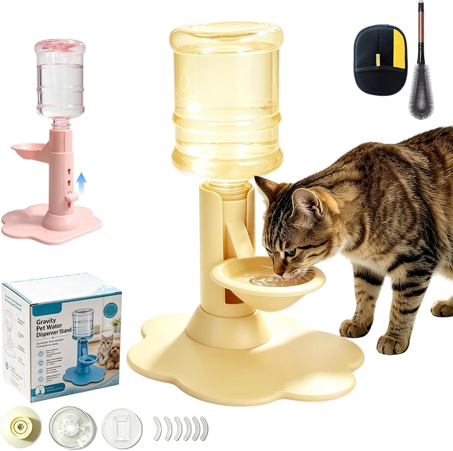 Gravity Cat Water Dispenser Stand - Spill-Proof, Pet Water Bowl Base with 3 Suction Cups - Filter-Free & No Electricity Automatic Water Attachment for Standard Bottles，Yellow A
