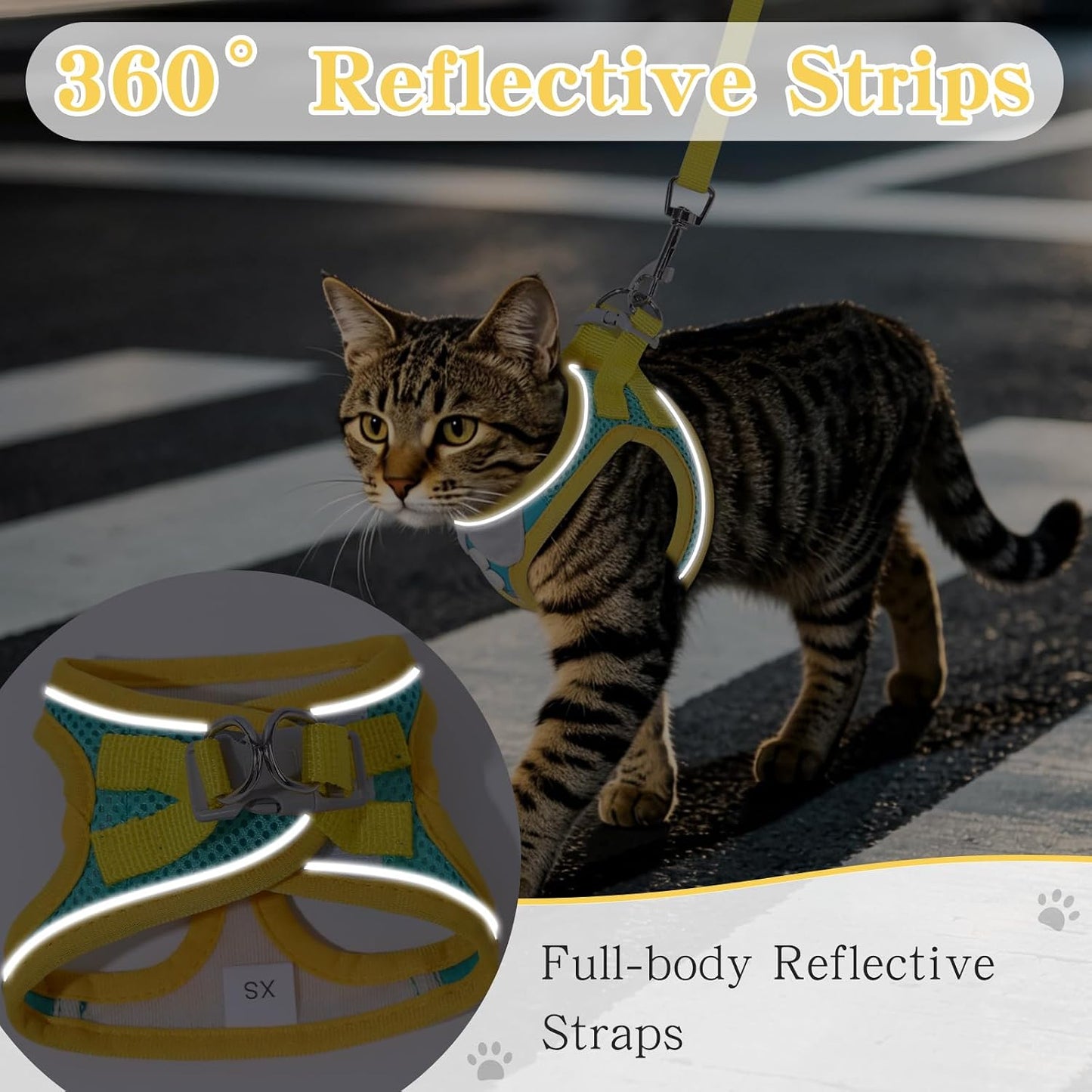 Escape Proof Cat Harness and Leash Set with Reflective Strips | Adjustable Cat Vest Harness for Walking,Breathable Lightweight Soft Mesh Kitten Harness and Leash for Kitty Bunny Puppy,S