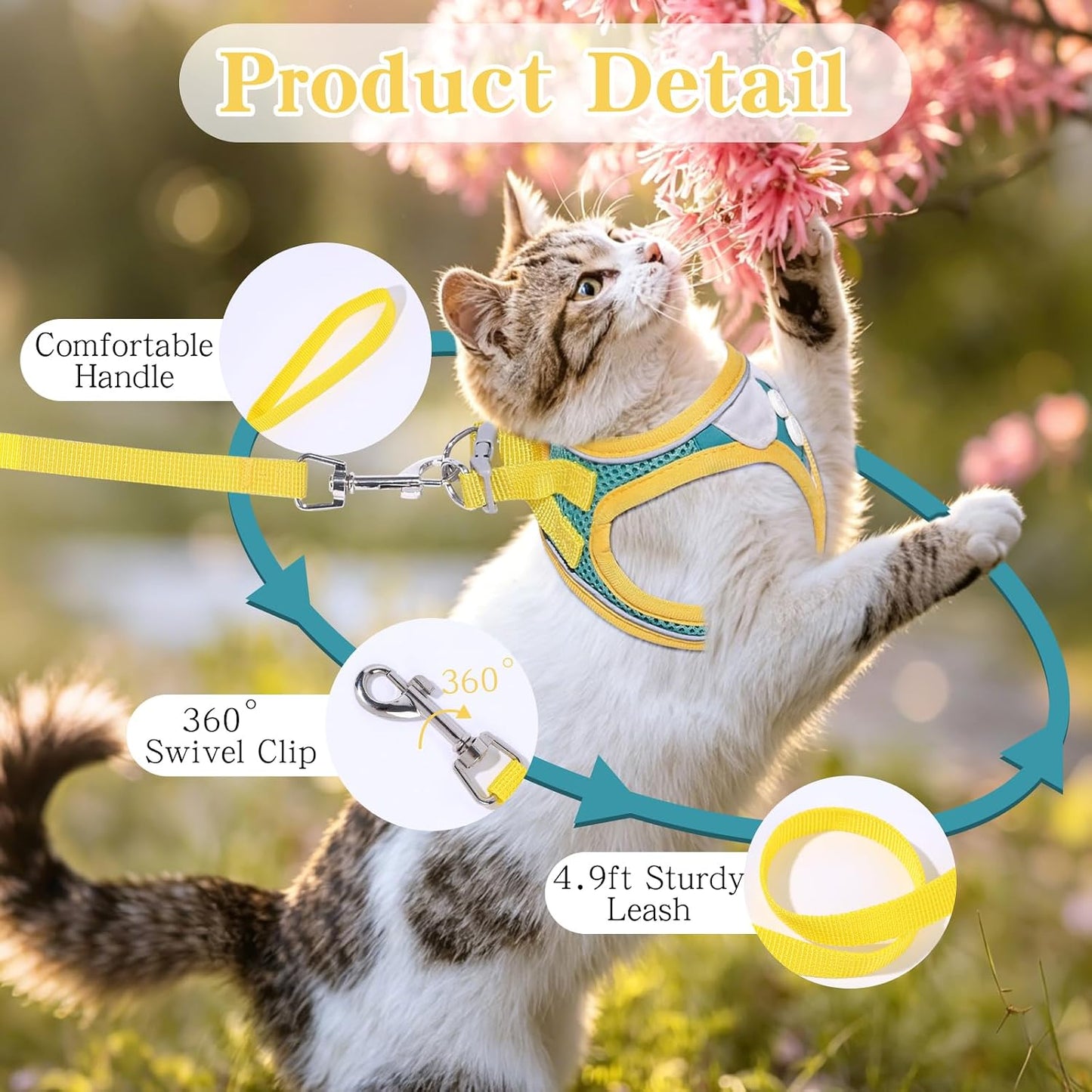 Escape Proof Cat Harness and Leash Set with Reflective Strips | Adjustable Cat Vest Harness for Walking,Breathable Lightweight Soft Mesh Kitten Harness and Leash for Kitty Bunny Puppy,S