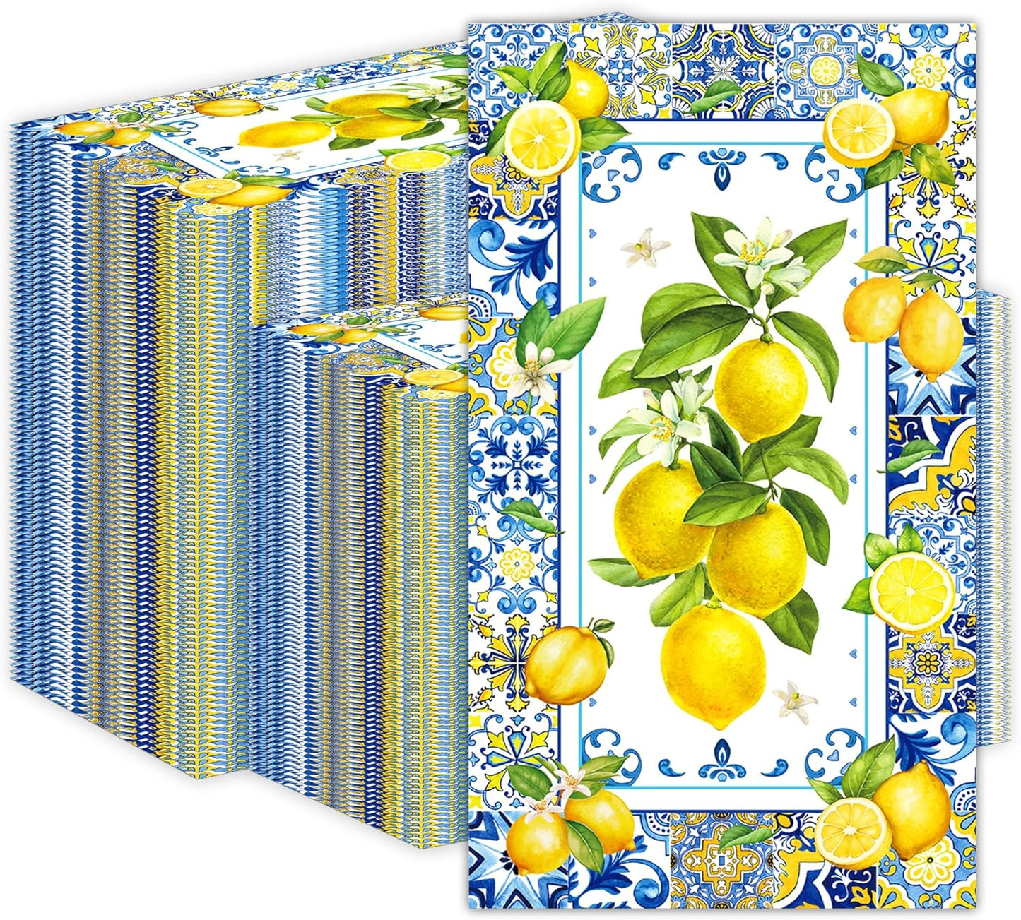 200PCS Lemon Paper Napkins with Blue Tile, Disposable Lemon Design Guest Napkins Decorative Hand Napkin Blue Yellow Summer Guest Towels for Bathroom Wedding Baby Shower Party Decoration, 4.5x8 Inch