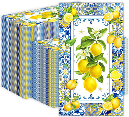 200PCS Lemon Paper Napkins with Blue Tile, Disposable Lemon Design Guest Napkins Decorative Hand Napkin Blue Yellow Summer Guest Towels for Bathroom Wedding Baby Shower Party Decoration, 4.5x8 Inch