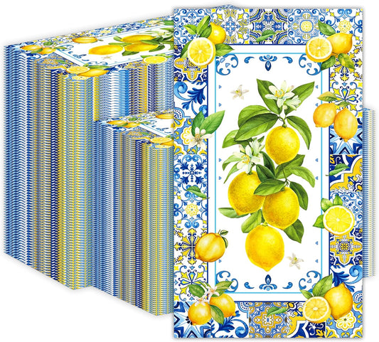 200PCS Lemon Paper Napkins with Blue Tile, Disposable Lemon Design Guest Napkins Decorative Hand Napkin Blue Yellow Summer Guest Towels for Bathroom Wedding Baby Shower Party Decoration, 4.5x8 Inch