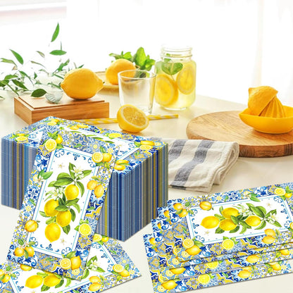 200PCS Lemon Paper Napkins with Blue Tile, Disposable Lemon Design Guest Napkins Decorative Hand Napkin Blue Yellow Summer Guest Towels for Bathroom Wedding Baby Shower Party Decoration, 4.5x8 Inch