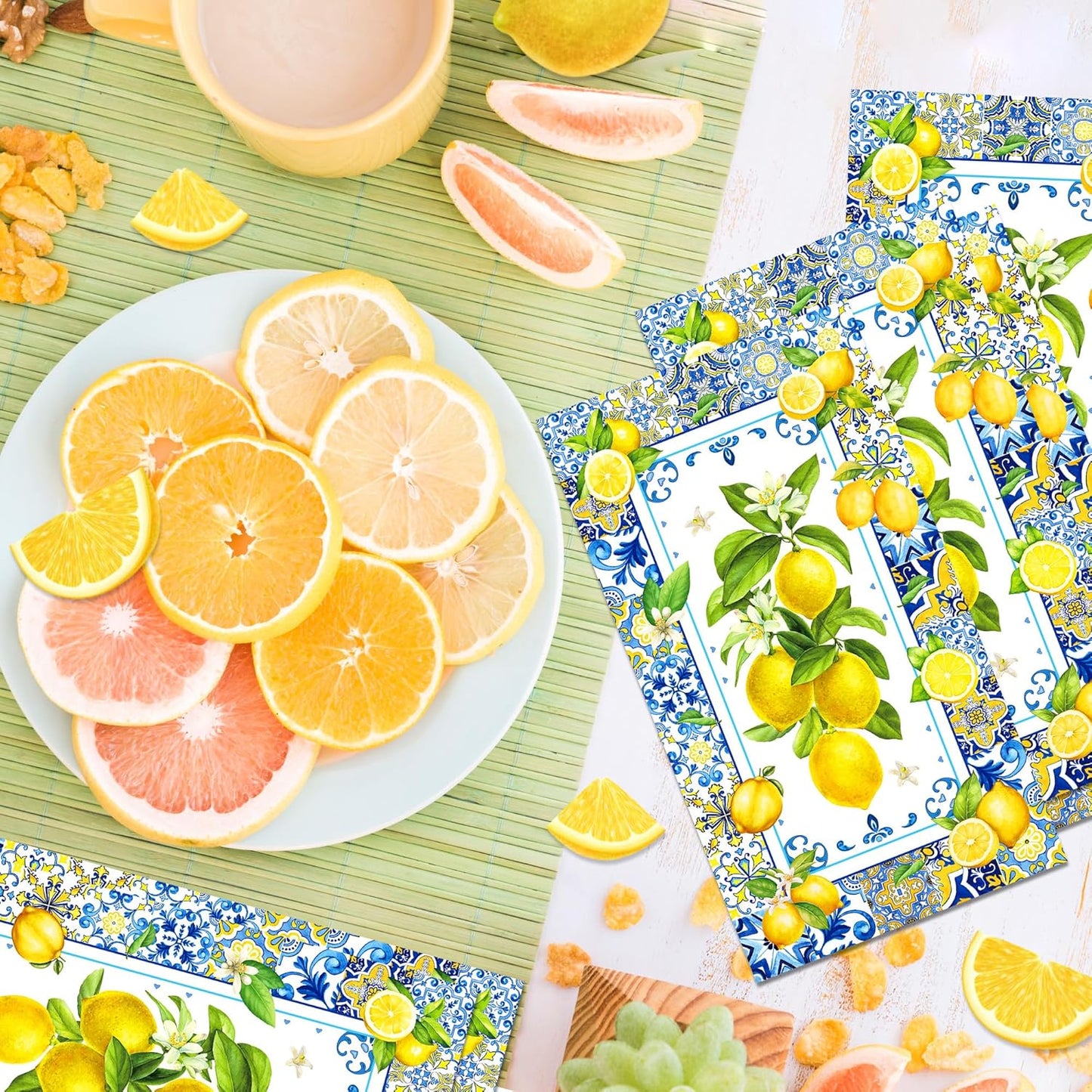 200PCS Lemon Paper Napkins with Blue Tile, Disposable Lemon Design Guest Napkins Decorative Hand Napkin Blue Yellow Summer Guest Towels for Bathroom Wedding Baby Shower Party Decoration, 4.5x8 Inch