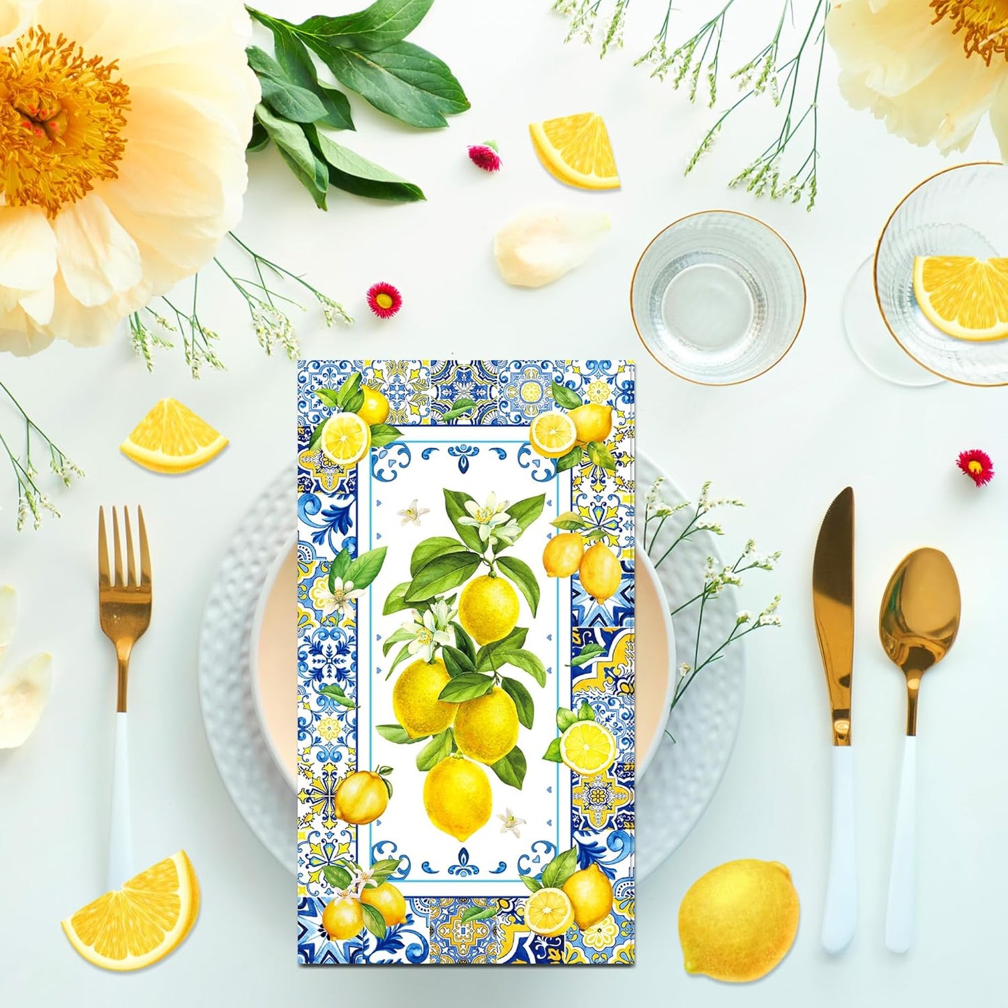 200PCS Lemon Paper Napkins with Blue Tile, Disposable Lemon Design Guest Napkins Decorative Hand Napkin Blue Yellow Summer Guest Towels for Bathroom Wedding Baby Shower Party Decoration, 4.5x8 Inch