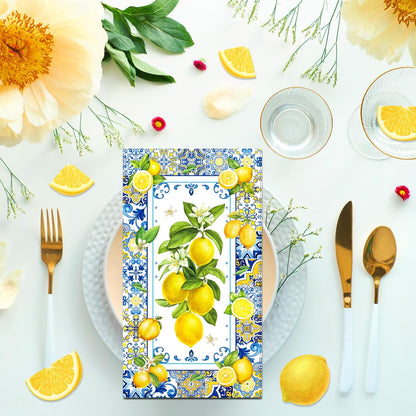200PCS Lemon Paper Napkins with Blue Tile, Disposable Lemon Design Guest Napkins Decorative Hand Napkin Blue Yellow Summer Guest Towels for Bathroom Wedding Baby Shower Party Decoration, 4.5x8 Inch