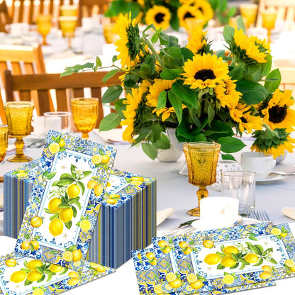 200PCS Lemon Paper Napkins with Blue Tile, Disposable Lemon Design Guest Napkins Decorative Hand Napkin Blue Yellow Summer Guest Towels for Bathroom Wedding Baby Shower Party Decoration, 4.5x8 Inch