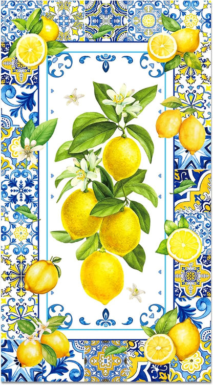 200PCS Lemon Paper Napkins with Blue Tile, Disposable Lemon Design Guest Napkins Decorative Hand Napkin Blue Yellow Summer Guest Towels for Bathroom Wedding Baby Shower Party Decoration, 4.5x8 Inch
