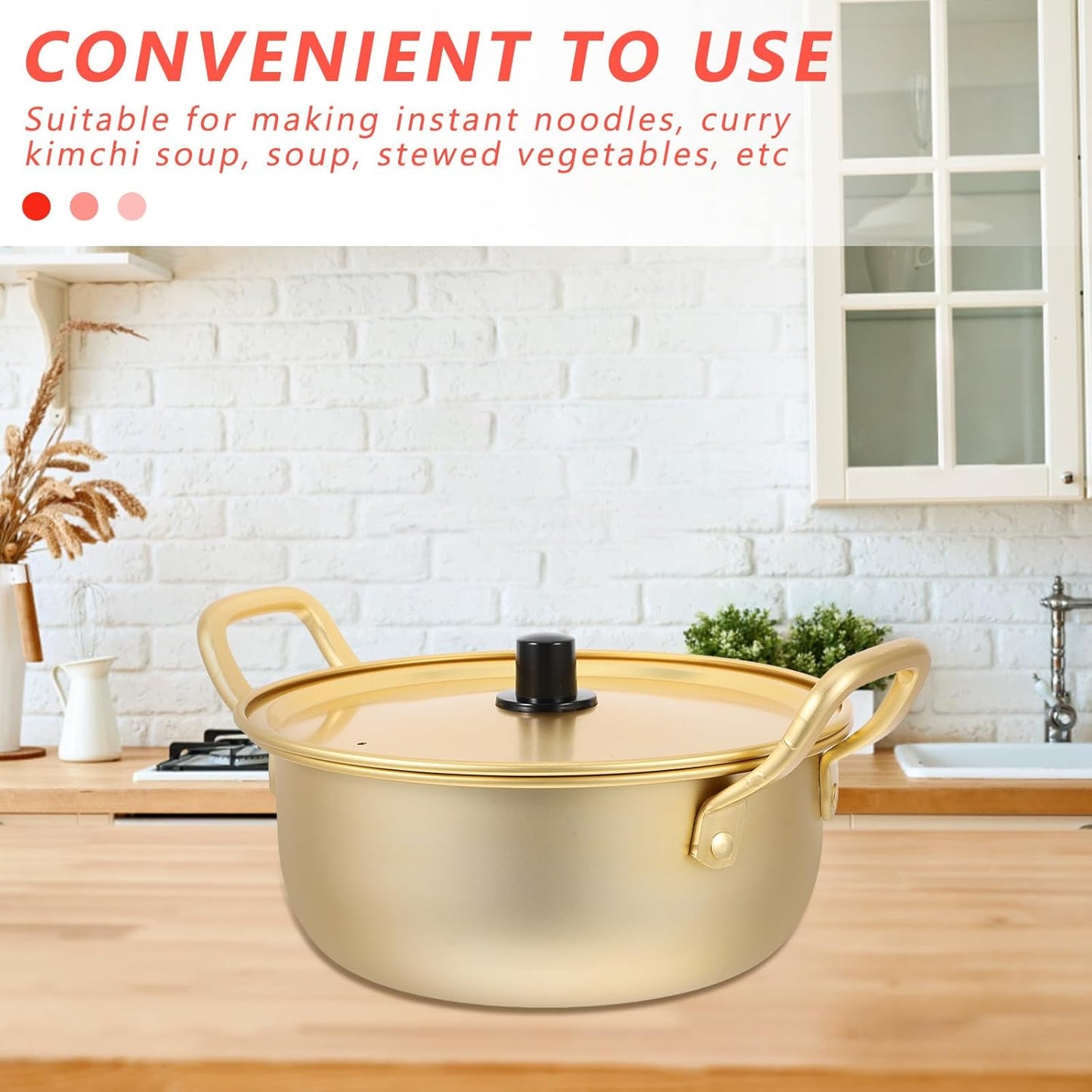 Korean Style 20cm Aluminum Ramen Pot with Lid and Dual Handles, Instant Noodle Cooking Pot for Soup and Small Meals, Lightweight Yellow Aluminum Saucepan for Stove Use