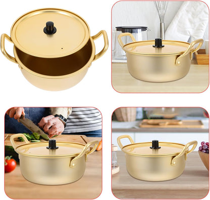 Korean Style 20cm Aluminum Ramen Pot with Lid and Dual Handles, Instant Noodle Cooking Pot for Soup and Small Meals, Lightweight Yellow Aluminum Saucepan for Stove Use