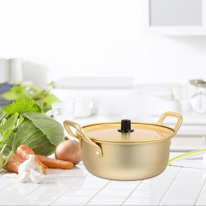 Korean Style 20cm Aluminum Ramen Pot with Lid and Dual Handles, Instant Noodle Cooking Pot for Soup and Small Meals, Lightweight Yellow Aluminum Saucepan for Stove Use