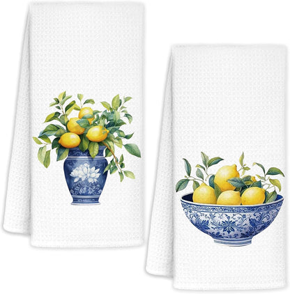 Lemon Kitchen Towels Set of 2, Italian Amalfi Coast Lemons Tree Dish Tea Towels for Kitchen Decor, Chinoiserie Amalfi Coast Decor Hand Towels for Bathroom, Lemon Gifts 16x24 Inch
