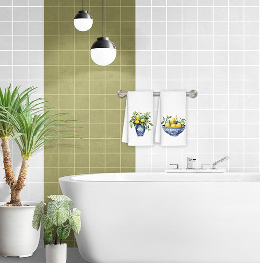 Lemon Kitchen Towels Set of 2, Italian Amalfi Coast Lemons Tree Dish Tea Towels for Kitchen Decor, Chinoiserie Amalfi Coast Decor Hand Towels for Bathroom, Lemon Gifts 16x24 Inch
