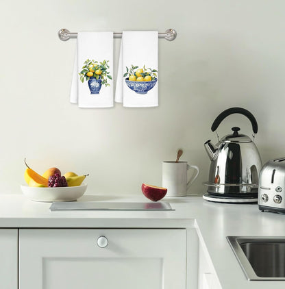 Lemon Kitchen Towels Set of 2, Italian Amalfi Coast Lemons Tree Dish Tea Towels for Kitchen Decor, Chinoiserie Amalfi Coast Decor Hand Towels for Bathroom, Lemon Gifts 16x24 Inch