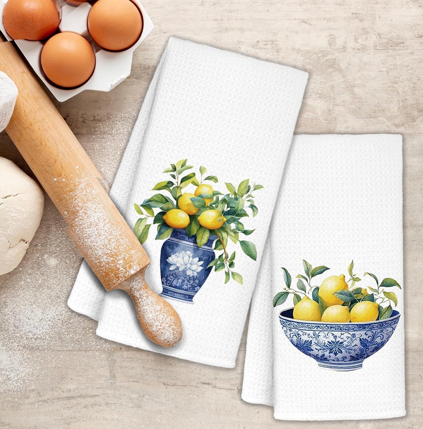 Lemon Kitchen Towels Set of 2, Italian Amalfi Coast Lemons Tree Dish Tea Towels for Kitchen Decor, Chinoiserie Amalfi Coast Decor Hand Towels for Bathroom, Lemon Gifts 16x24 Inch