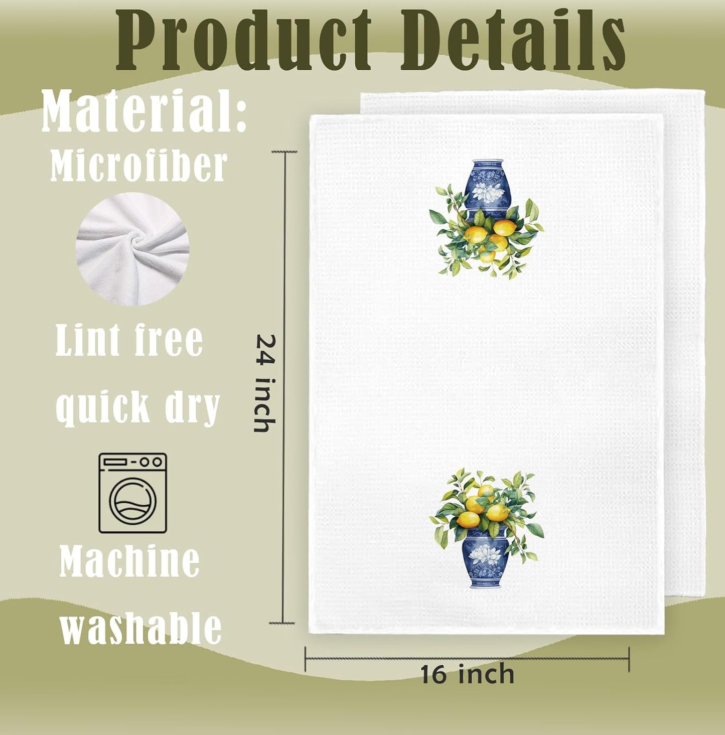 Lemon Kitchen Towels Set of 2, Italian Amalfi Coast Lemons Tree Dish Tea Towels for Kitchen Decor, Chinoiserie Amalfi Coast Decor Hand Towels for Bathroom, Lemon Gifts 16x24 Inch