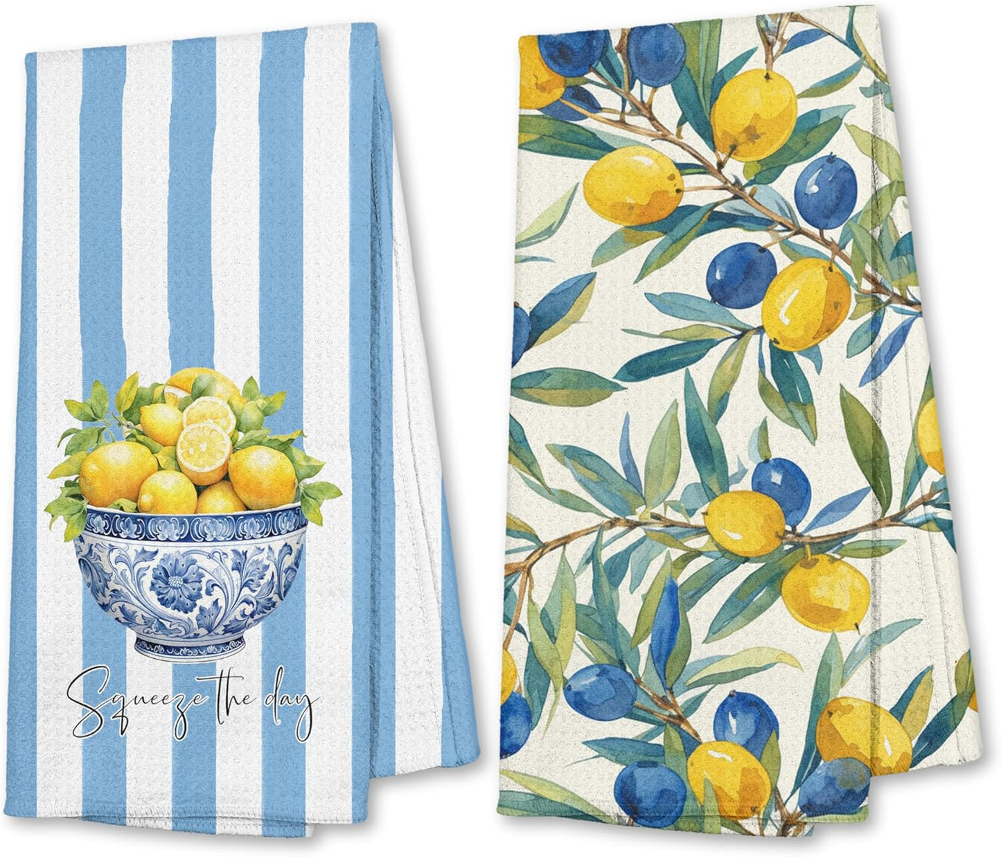 Mediterranean Sicilian Lemon Kitchen Towels 16x24 Inch, Chinoiserie Blueberry Lemon Tea Dish Towels for Kitchen Decor, Blue and White Striped Fruit Hand Towel Bathroom Decor, Set of 2