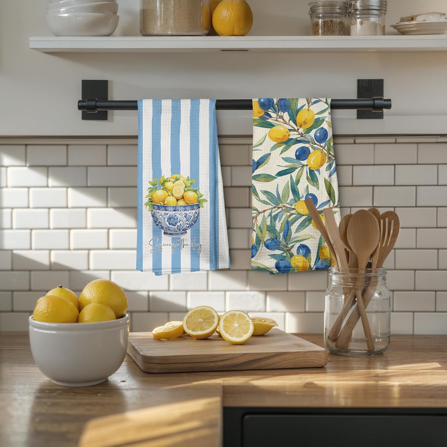 Mediterranean Sicilian Lemon Kitchen Towels 16x24 Inch, Chinoiserie Blueberry Lemon Tea Dish Towels for Kitchen Decor, Blue and White Striped Fruit Hand Towel Bathroom Decor, Set of 2