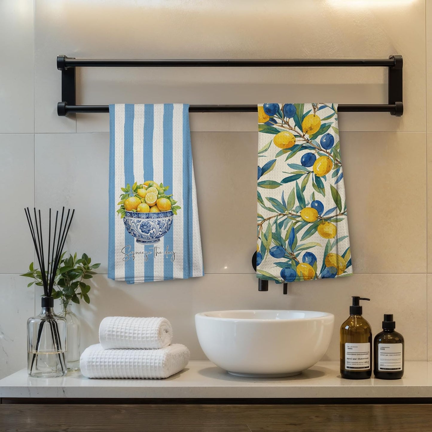 Mediterranean Sicilian Lemon Kitchen Towels 16x24 Inch, Chinoiserie Blueberry Lemon Tea Dish Towels for Kitchen Decor, Blue and White Striped Fruit Hand Towel Bathroom Decor, Set of 2