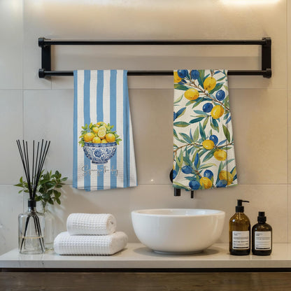 Mediterranean Sicilian Lemon Kitchen Towels 16x24 Inch, Chinoiserie Blueberry Lemon Tea Dish Towels for Kitchen Decor, Blue and White Striped Fruit Hand Towel Bathroom Decor, Set of 2