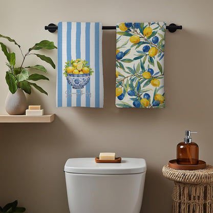 Mediterranean Sicilian Lemon Kitchen Towels 16x24 Inch, Chinoiserie Blueberry Lemon Tea Dish Towels for Kitchen Decor, Blue and White Striped Fruit Hand Towel Bathroom Decor, Set of 2