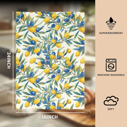 Mediterranean Sicilian Lemon Kitchen Towels 16x24 Inch, Chinoiserie Blueberry Lemon Tea Dish Towels for Kitchen Decor, Blue and White Striped Fruit Hand Towel Bathroom Decor, Set of 2