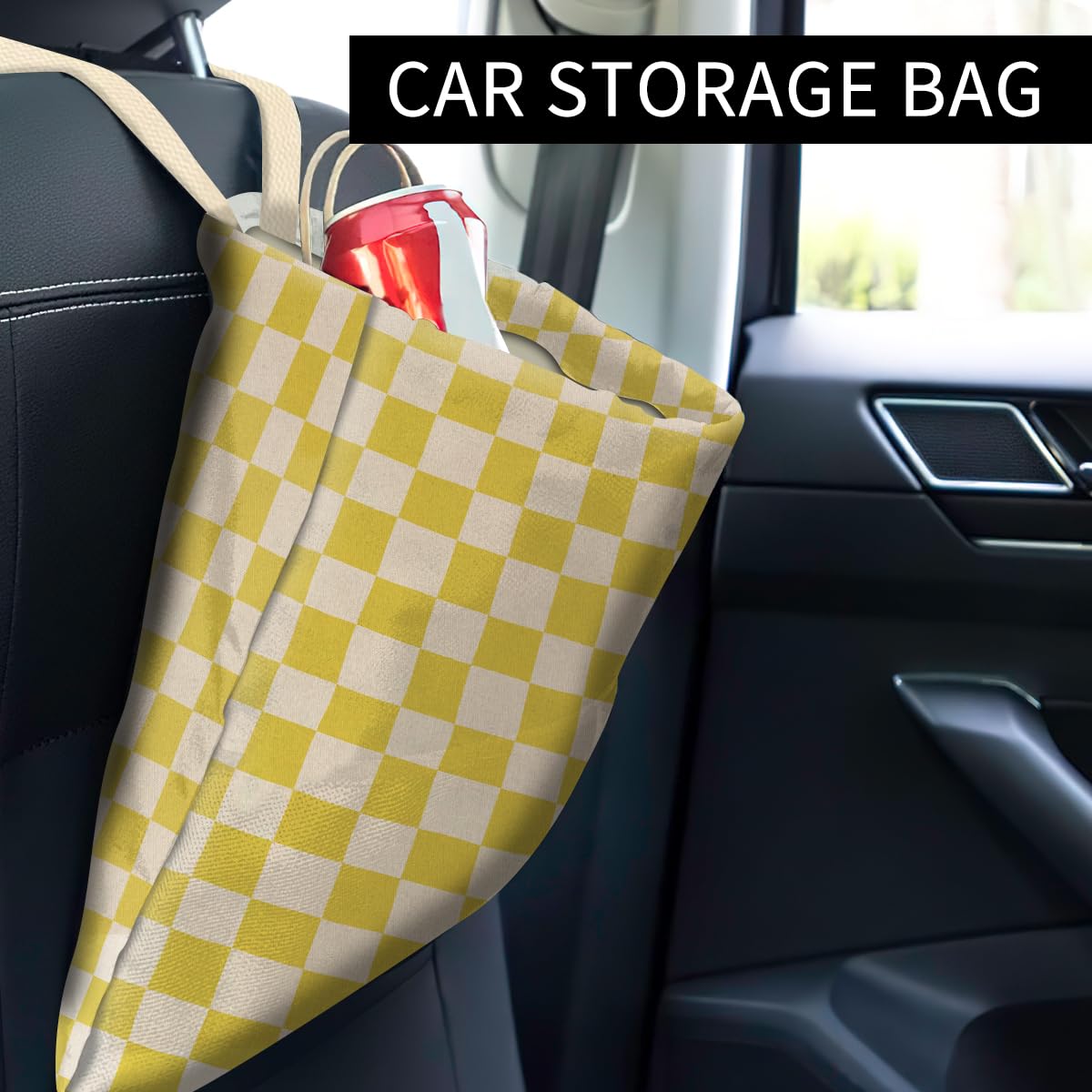 Car Trash Can, Cute Car Trash Bag, Hanging Car Organizer and Storage Bag, Trash Bin for Car Accessories, Vehicle, Travelling, Camping White Yellow Plaid