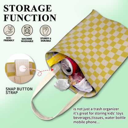 Car Trash Can, Cute Car Trash Bag, Hanging Car Organizer and Storage Bag, Trash Bin for Car Accessories, Vehicle, Travelling, Camping White Yellow Plaid