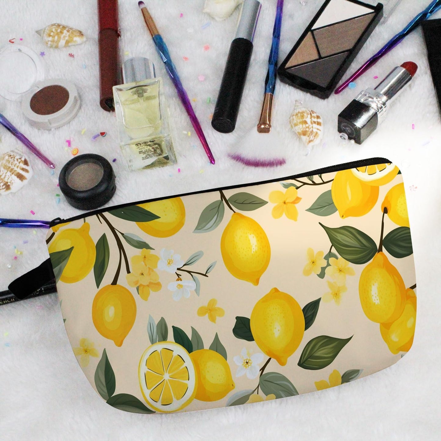 Lemon Cute Small Makeup Bag | Printed Padded Cosmetic Organizer Zipper Pouch, Lemon Gift for Women Friends