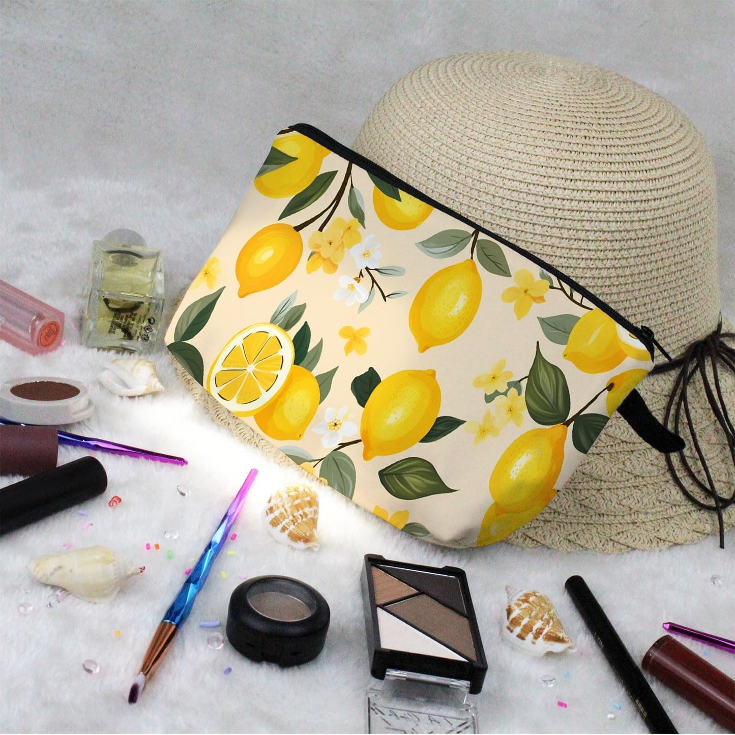 Lemon Cute Small Makeup Bag | Printed Padded Cosmetic Organizer Zipper Pouch, Lemon Gift for Women Friends