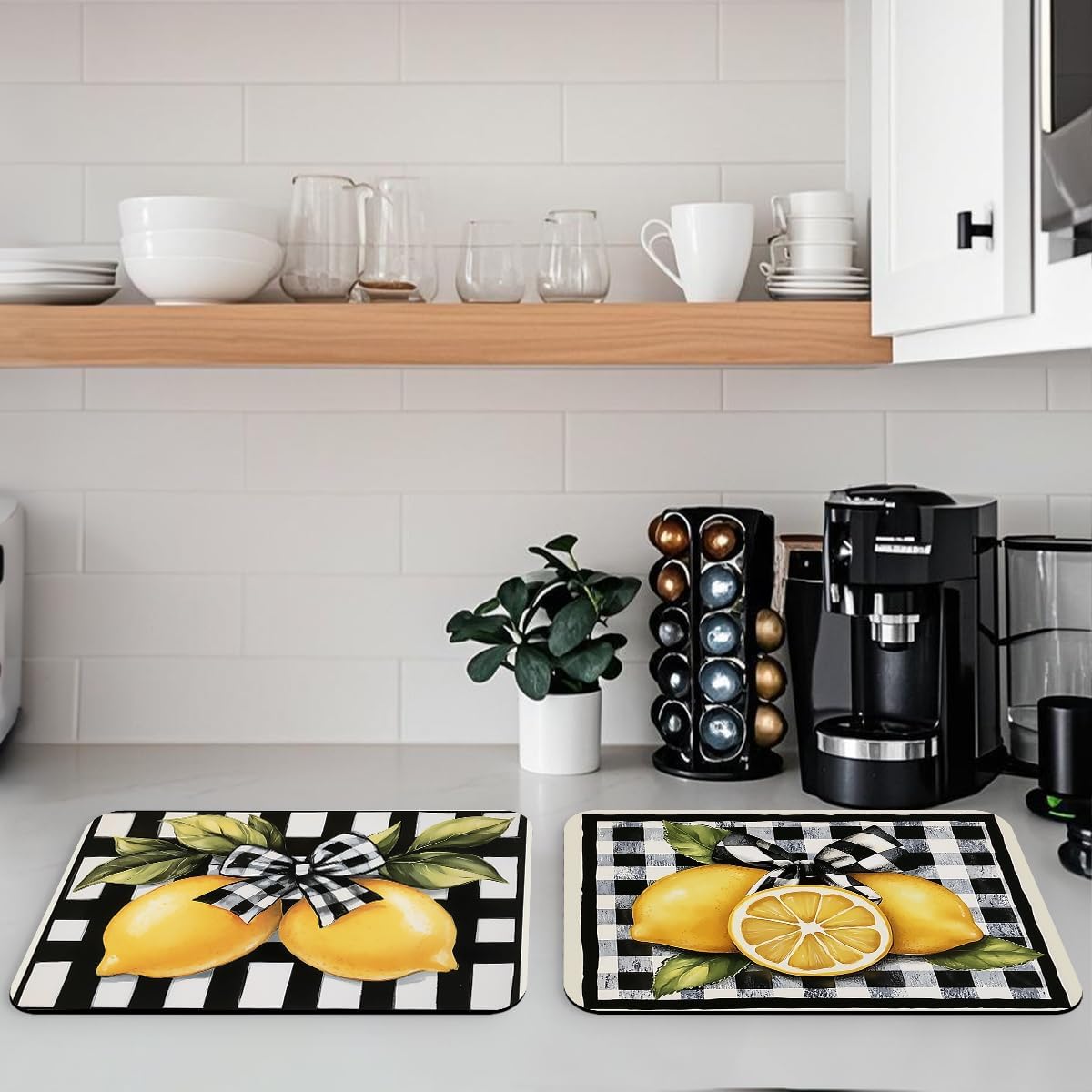 Lemon Dish Drying Mats 2 Pack Fruit Black White Checkered Bow Absorbent Draining Pad, Heat Resistant Drying Pad with Non-slip Rubber, Coffee Bar Mats for Coffee Machine Dish Rack 20"x12"