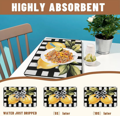 Lemon Dish Drying Mats 2 Pack Fruit Black White Checkered Bow Absorbent Draining Pad, Heat Resistant Drying Pad with Non-slip Rubber, Coffee Bar Mats for Coffee Machine Dish Rack 20"x12"